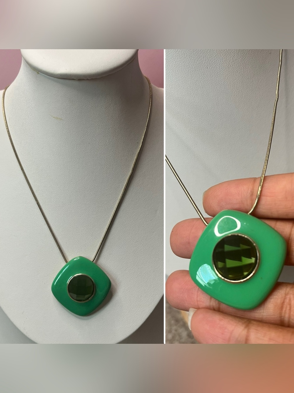 Source Unknown Green Enamel Pendant Necklace with Olive Crystal